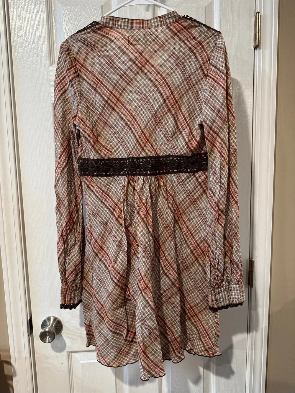 Free People Plaid Shirt Dress with Crochet Tie Belt - Brown, Cream, Rust